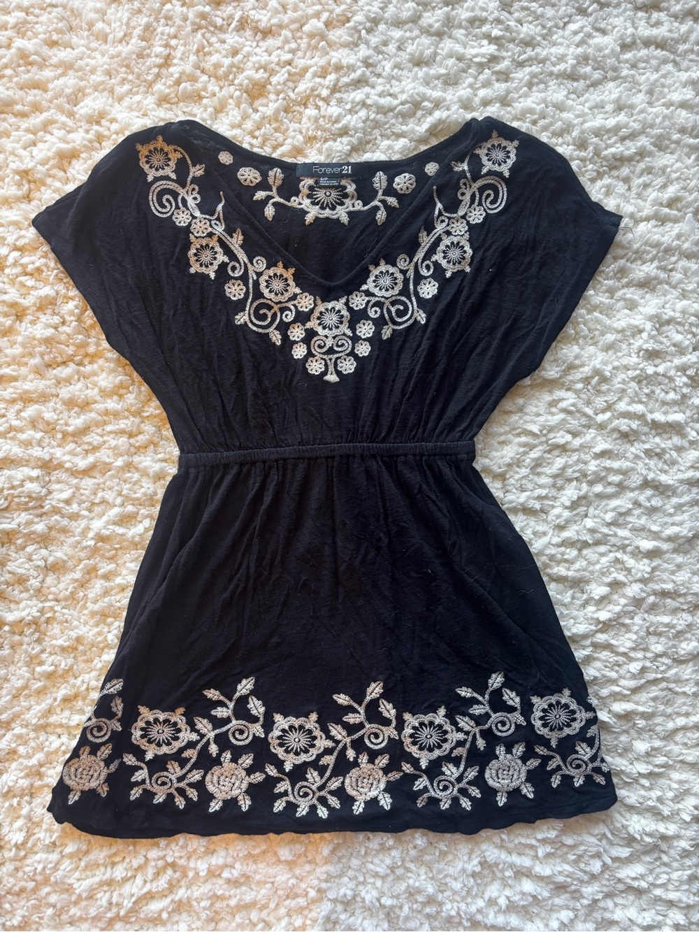 Forever 21 Black Tunic with White Floral Embroidery